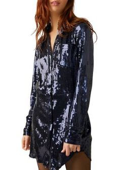 Arrive in glamorous style with the Sophie Sequin Mini Dress from Free People. | Free People Women's Sophie Sequin Mini Dress, Navy Blue, XS Sequin Shirt Dress, Free People Slip Dress, Free People Mini Dress, People Brand, Navy Blue Shirts, Sequin Shirt, Boho Mini Dress, Mini Velvet Dress, Dress Shirts For Women