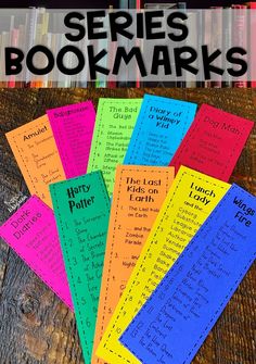 the harry potter series bookmarks are stacked on top of each other in front of bookshelves