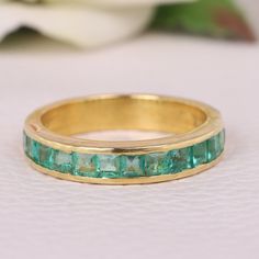 Vintage yellow gold emerald ring, Dainty Emerald half Eternity Ring, Green gem stone stone ring, May Birthstone ring, Valentine Gift for Her [{"Description"}] Main Gemstone- Name- Emerald (Lab Created) Shape - Oval Stone Color - Green Birthstone- May Add this beautiful Ring in your accessories to make you feel unique.  You can choose any size you want from drop down menu.  We Accept Custom Order and Bulk Order Also, Feel free to contact me for any queries regarding custom or bulk order. NOTE-  S 14k Gold Green Half Eternity Ring, Green Half Eternity Ring In 14k Gold, Green 14k Gold Half Eternity Rings, Green Baguette Cut Stackable Rings, Gold Emerald Half Eternity Jewelry, Green Emerald Stackable Ring With Baguette Cut, Stackable Emerald Ring In Yellow Gold, Yellow Gold Emerald Stackable Rings With Prong Setting, Yellow Gold Stackable Emerald Rings With Prong Setting