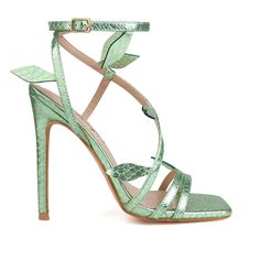 Spring Evening Heels With Heel Strap, Trendy Green Heels With Heel Strap, Modern High Heel Sandals With Branded Insole, Chic Ankle Strap Heels For Spring, Elegant Green Spring Heels, Elegant Green Heels For Spring, Evening Green Flat Heel Sandals, Chic Green Heels With Heel Strap, Green Flat Heel Evening Sandals