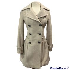 Cute Warm Wool Peacoat From Voice Of Voices Vov. Elegant Look And Not Too Bulky. Approximately 32.5" Long, 6 Buttons In The Front, No Pockets. The Fabric Belt Is Missing. Made In Korea. 35% Angora Wool; Lining 100% Polyester. Machine Washable. Approx. 16.5” Pit To Pit, 32.5” Long, 15.25” Waist, 24” Sleeves. Fitted Beige Pea Coat For Winter, Beige Fitted Pea Coat With Lapel Collar, Cream Double-breasted Pea Coat For Winter, Fitted Beige Wool Coat For Fall, Fitted Beige Pea Coat With Lapel Collar, Fitted Beige Pea Coat With Buttons, Classic Fitted Cream Pea Coat, Fitted Beige Pea Coat With Button Closure, Fitted Beige Pea Coat For Fall