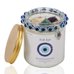 PRICES MAY VARY. MEANINGFUL EVIL EYE CANDLE - evil eye sign is known as a protection in Turkish and Greek culture, fortune, protection and prosperity, this evil eye candle and bracelet is believed to ward off misfortune, wearing this jewelry or lighting the candle can bring good luck when entering a negative environment, expressing people's desire to avoid bad luck. UNIQUE HEALING CRYSTALS & STONES CANDLES - This evil eye protection candle combines the healing power of crystals inside with the r Evil Eye Candle, Evil Eye Spiritual, Eye Candle, Eye Spiritual, Candle With Crystals, Evil Eye Decor, Protection Candle, Eucalyptus Candle, Candle Diy