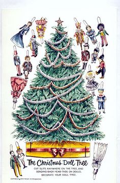 a christmas tree with people around it and other decorations on the top, in front of a white background