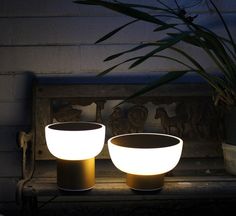 two white lights sitting on top of a wooden bench next to a potted plant