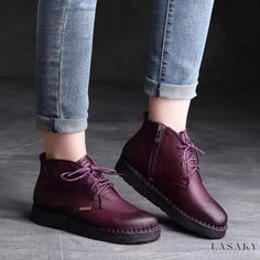 Lasaky - Handcrafted Vintage Leather Short Boots with Side Zipper and Lace-Up Design - Comfortable Flat Sole Ankle Boot Women's Booties, Girls Ankle Boots, Short Leather Boots, Handmade Boot, Leather Short, Ankle Boots Flat, Genuine Leather Shoes, Prom Shoes, Comfortable Flats