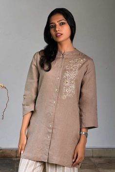 Buy Beige Pure Linen Embroidery Notched Tunic For Women by Linen Bloom Online at Aza Fashions. Rajdeep Ranawat, Embroidery Neckline, Linen Embroidery, Tunics Online, Buy Linen, Embroidered Art, Linen Color, Tunic Pattern, Silk Tunic