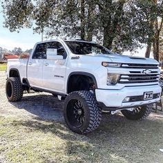 a white truck is parked in front of some trees