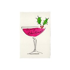 a christmas card with a wine glass and holly