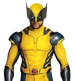 a man in yellow and black costume standing with his hands on his hips, looking at the camera