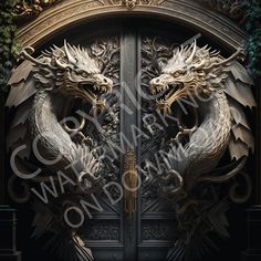 two dragon heads are on the front door of a building