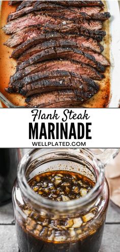 steak marinade in a glass jar with the title text above it and below image