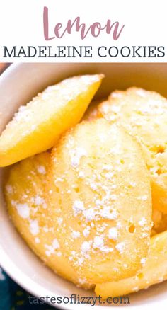 lemonade cookies in a white bowl with powdered sugar on top and text overlay