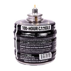 the canister has a label on it that says, 100 hour candle in black and white