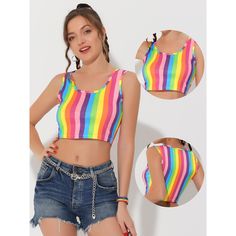 Keep your style on point with this multicolor blouse. U neck and sleeveless design would make you the charming girl in the crowd. A stylish colorful rainbow cropped top is effortless to pair perfectly with high-waist jeans for a fashionable and chic silhouette. Suitable for daily, weekend, beach, vacation, shopping, gathering, etc. This tank top's charming design adds to your choice for the upcoming seasons. Rainbow Crop Top, Tank Crop Top, Multi Color Blouse, High Neck Tank Top, Black Velvet Dress, Summer Tank, Hem Style, U Neck, Workout Tank Tops