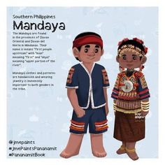 an illustration of two people in native clothing with the caption'southern philippines mandaya '