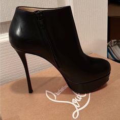 Brand New In Original Box And Dust Bag. Christian Louboutin Dirdibootie 130 Calf Ankle Booties Black Size: Eu 35. Us 5, Heel Height Approx. 4.5", Platform Height Approx. 1.25" Luxury Ankle Boots With 4-inch Heel, Luxury 4-inch Heeled Ankle Boots, Evening High Heel Platform Boots In Calf Leather, Evening Platform Boots With Reinforced High Heel, Evening Platform Boots With High Heel, High Heel Platform Boots With Reinforced Heel For Evening, Evening Platform Boots With 4-inch Heel, Party Boots With Red Sole In Calf Leather, Chic Calf Leather Platform Boots For Party