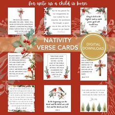 the nativity verse cards are shown in red and white with holly branches, berries, leaves