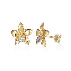 The picture shows a 14K yellow gold orchid flower earrings. White Gold Stud Earrings, Orchid Earrings, Gold Orchid, White Gold Earrings Studs, Hawaiian Jewelry, Ocean Jewelry, Nautical Jewelry, Yellow Gold Earring, Gold Polish