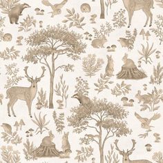 an animal themed wallpaper with deers, trees and other animals in the background