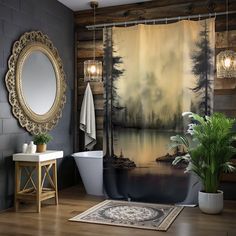 a bathroom with a large shower curtain in the middle and a painting on the wall