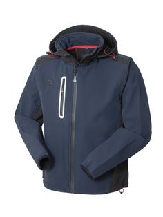 Giubbotto softshell con chiusura anteriore con cerniera centrale antipioggia, cappuccio staccabile con cerniera e coulisse, pratico foro in silicone per cuffie, un taschino a filetto al petto destro chiuso con cerniera antipioggia verticale e profilo rifrangente, due tasche inferiori a filetto chiuse con cerniera antipioggia, cordino stringi vita al fondo, inserti di colore a contrasto. Composizione: 95% poliestere, 5% spandex Rain Jacket, Athletic Jacket, Spandex