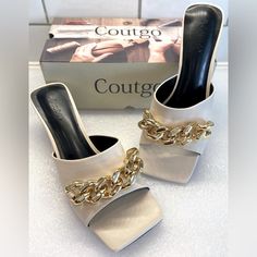 Questions? Leave A Comment Below! White Heels With Metal Feet, Chic Open Toe Sandals With Chain Detail, Chic Chain Sandals For Spring, Chic Gold Sandals With Chain Detail, Chic Gold Sandals With Chain, Trendy Summer Heels With Chain, Elegant Summer Sandals With Chain Detail, Chic Sandals With Chain Strap And Round Toe, Chic Open Toe Sandals With Gold Chain