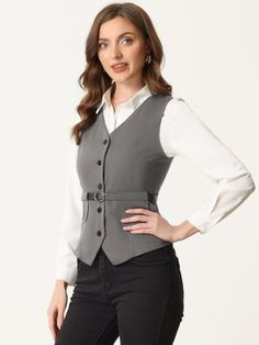 Shop Allegra K for button front closure vest v neck belted pockets you are looking for, get more women's vests for yourelf. Order now! Free Returns! Cotton V-neck Vest With Buttons, Cotton V-neck Vest With Pockets, Tailored V-neck Vest With Pockets, Fitted V-neck Vest With Button Closure, Campus Fashion, Black V-neck Vest With Button Closure, Women's Vests, Campus Style, Sleeveless Vest