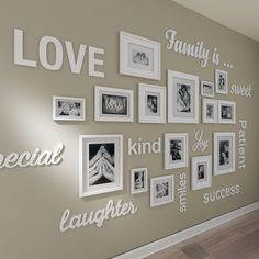 a wall with many pictures on it and the words love are written in white letters