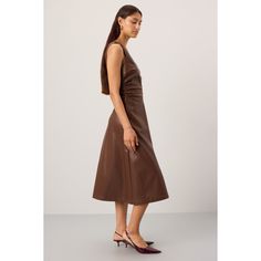 Brown (55% Polyester, 45% Polyurethane). Casual Dresses. V-Neck. Sleeveless. Back Zipper Closure. Shoulder to Hemline Length: 45.5". Imported. Sleeveless Leather Dress For Date Night, Chic Brown Sleeveless Dress For Night Out, Elegant Brown Sleeveless Dress For Spring, Brown Sleeveless Midi Dress For Work, Elegant Brown Sleeveless V-neck Dress, Elegant Brown V-neck Sleeveless Dress, Chic Brown Sleeveless V-neck Dress, Chic Brown V-neck Sleeveless Dress, Brown Sleeveless Knee-length Dress For Work