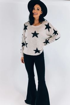 White Knit Star Sweater Winter Star Print Long Sleeve Sweater, Winter Long Sleeve Star Print Sweater, Long Sleeve Star Print Winter Sweater, Cozy Long Sleeve Sweater With Star Print, Knit Sweater With Star Print Long Sleeve, Casual Fall Sweater With Star Print, Long Sleeve Sweater With Star Print For Fall, Long Sleeve Star Print Sweater For Fall, Black Casual Sweater With Star Print