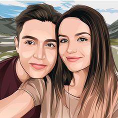 a digital painting of two people in front of mountains and sky, one is holding his arm around the other's shoulder