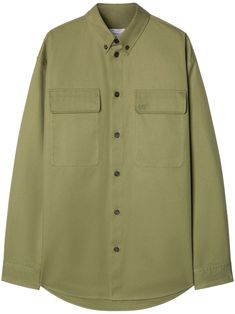 military green organic cotton gabardine weave embroidered logo at the chest button-down collar front button fastening long sleeves buttoned cuffs two chest flap pockets curved hem Off-white Logo, City Shorts, Organic Materials, Balenciaga Triple S, Short Suit, Summer Beach Wear, Mens Outerwear, Embroidered Shirt, Green Jacket