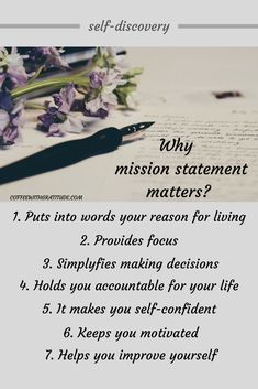 a note with the words why mission statement matters? and purple flowers on top of it