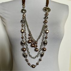 Gorgeous Pearl Beaded Necklace, Brownish Pearls With Silver Chain, Brown Satin Tie Close, Matching Wire Hook Earrings Beaded Chain Necklace, Pearl Beaded Necklace, Brown Satin, Necklace And Earring Set, Inspired Jewelry, Brown Silver, Paparazzi Jewelry, Hook Earrings, Beaded Chain