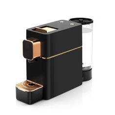 a black and gold colored device on a white background