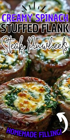 stuffed flank steaks with spinach and cheese on top