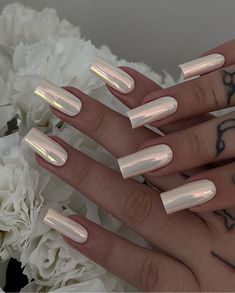 Acrylic Nails Chrome, White Chrome Nails, Fashionable Nails, Inspiration Nails, Long Square Nails, Nails Chrome, Chrome Nails Designs, Chrome White, White Chrome