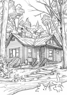 a drawing of a cabin in the woods