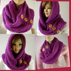 four pictures of a woman wearing a purple knitted scarf with buttons on the side