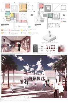 an architectural drawing and rendering process for a building with palm trees in the foreground