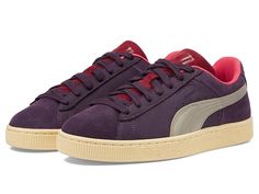 PUMA Suede Play.Paris. - Men's Lace up casual Shoes : Midnight Plum/Chamomile : Take style and functionality to a whole new level wearing PUMA Suede Play.Paris. Sneakers, crafted in a sleek silhouette with round toe shape. The low-top sneakers come with a suede leather upper that is responsibly manufactured via the Leather Working Group, mesh lining, and mesh sockliner with screen printed PUMA branding. These are designed with a leather formstrip, lace-up closure, debossed printed PUMA and suede branding on quarter panel, suede leather tongue with debossed glossy screen printed PUMA branding, and metallic AUX cord lacetip PUMA branding detail on midsole. Rubber outsole. Imported. Measurements: Weight: 14 oz Product measurements were taken using size 9, width D - Medium. Please note that me Casual Purple Sneakers With Contrast Sole, Purple Suede Lace-up Sneakers, Casual Purple Suede Sneakers, Purple Canvas Sneakers With Round Toe, Midnight Plum, Aux Cord, Men Suede, Sport Shoes Men, Puma Suede