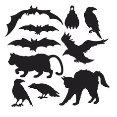 various silhouettes of animals and bats on a white background