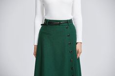 Button front A line wool skirt 2284# – XiaoLizi Elegant Winter Skirt With Buttons, Fitted Green Skirt With Buttons, Elegant Winter Bottoms With Buttons, Green Knee-length Skirt With Button Closure, Elegant Winter Skirt With Button Closure, Fitted Green Skirt With Button Closure, A-line Office Skirt With Buttons, A-line Skirt With Buttons For Office, Winter Workwear Skirt With Buttons