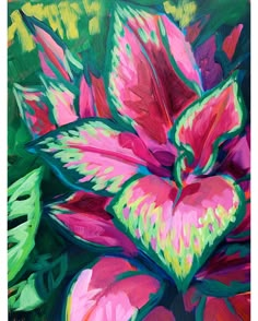 a painting of a pink flower with green leaves