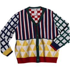 a colorful cardigan sweater with an argyle pattern on the front and back, in multicolors