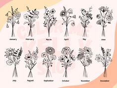 the different types of flowers are shown in black and white on a light pink background