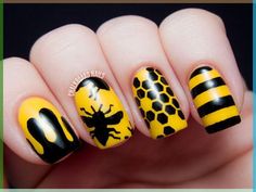 Five silhouetted designs inspired by bees placed over a sunny yellow base of Zoya Darcy. Beeswax Ideas, Insect Fashion, Bumble Bee Nails, Nail Challenge, Bee Silhouette, Chalkboard Nails, Pretty Fingers, Bee Nails, Yellow Nails Design