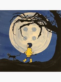 a painting of a boy walking his dog in front of a full moon and tree