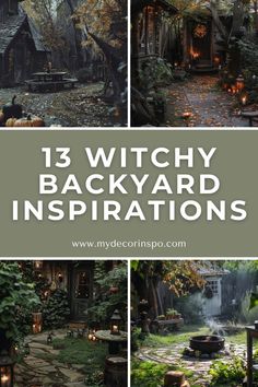 witchy backyard with lots of candles and trees in the background text reads 13 witchy backyard inspirations