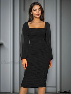 Olivia Mark - Elegant Lace Patchwork Gown with Square Collar, Side Split, and Floor-Length - Perfect Attire for Bridesmaids and Special Occasions Fitted Chiffon Midi Dress With Square Neck, Formal Chiffon Dress With Square Neck, Fitted Chiffon Midi Dress For Night Out, Formal Square Neck Chiffon Dress, Fitted Chiffon Midi Dress With Ruched Detail, Fitted Long Sleeve Bridesmaid Dresses, Fitted Ruched Chiffon Midi Dress, Black Long Sleeve Dress With Fitted Bodice, Black Square Neck Dress For Wedding